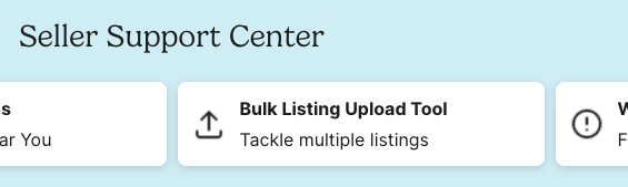Screenshot from Michaels MakePlace Support Center, showing navigation items titled “Bulk Listing Upload Tool”, “Tackle multiple listings”